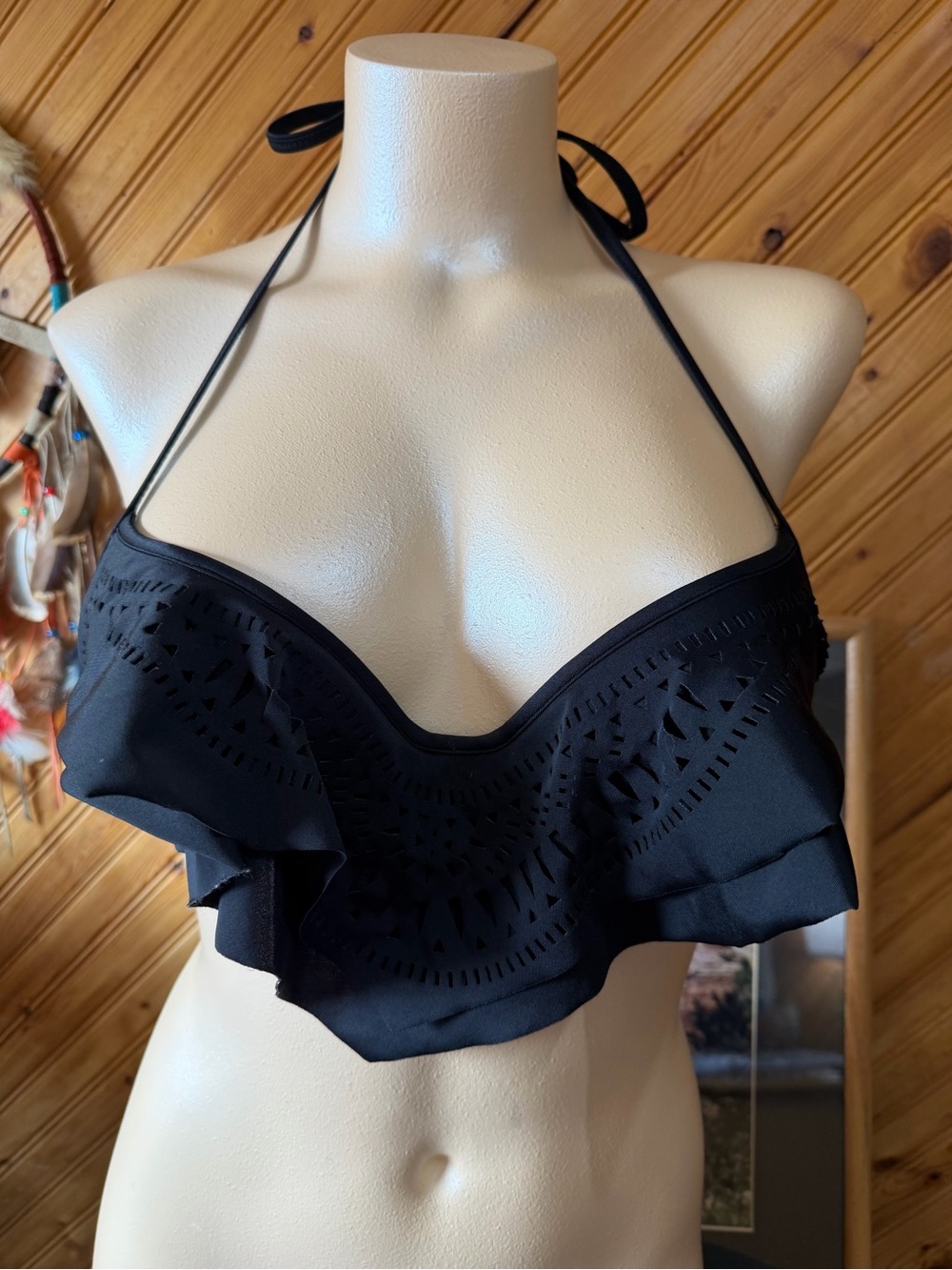 Black Ruffle Laser-Cut Halter Bikini Top - Women Swim